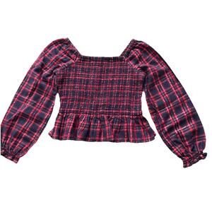 Nordstrom Plaid Blouse Top Girls Size 8-10 Red Navy Christmas Holiday Preppy